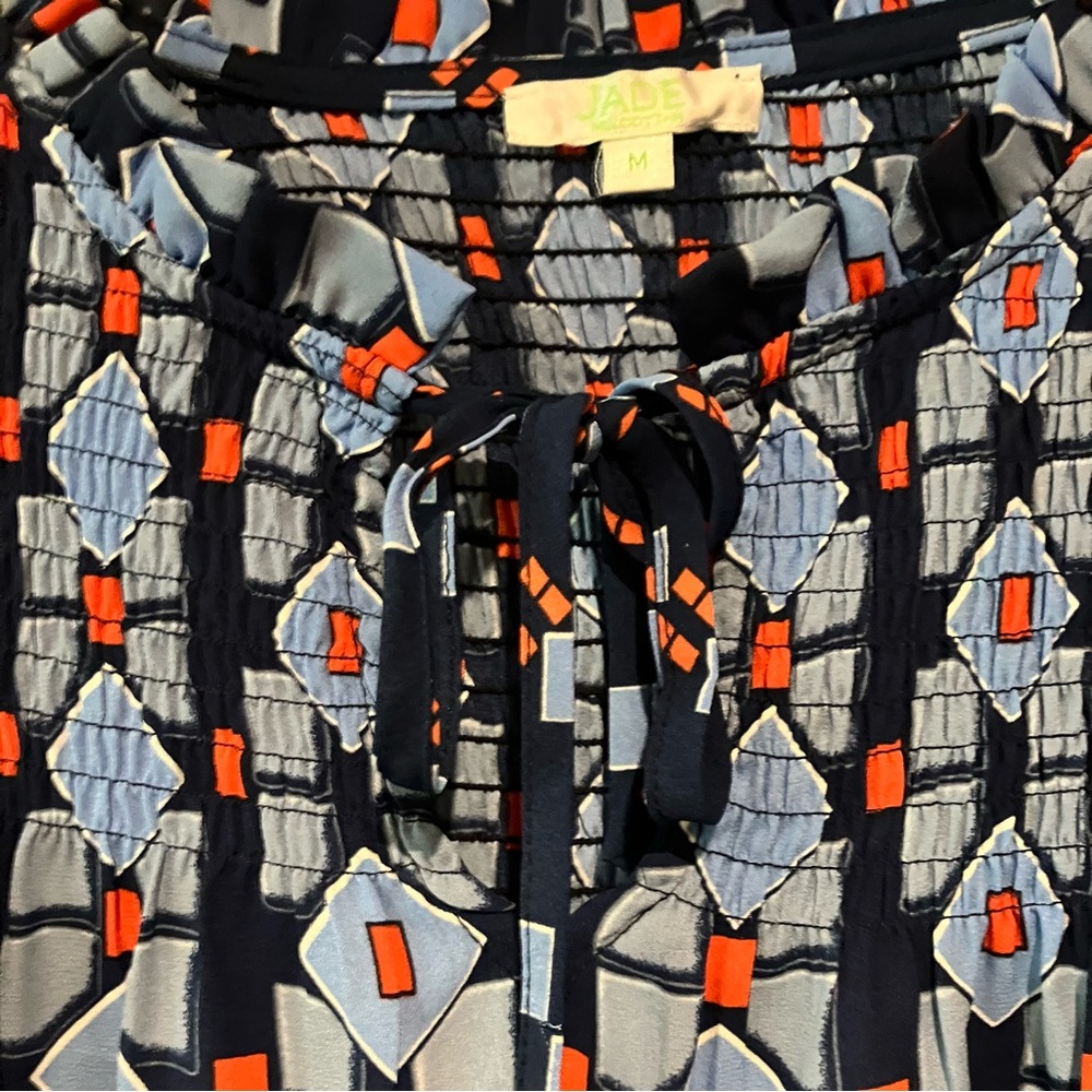 Jade Melody Tam Blue Navy Smocked Neck Tie Peasant Boho Long Sleeve Blouse Sz M - Picture 7 of 14